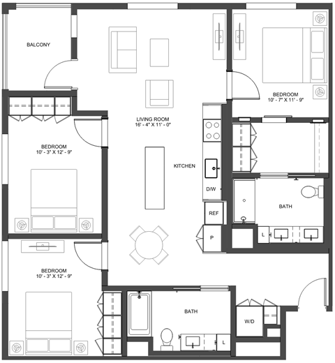 Floor plan for 3 beds, 2 baths, 1300 sqft